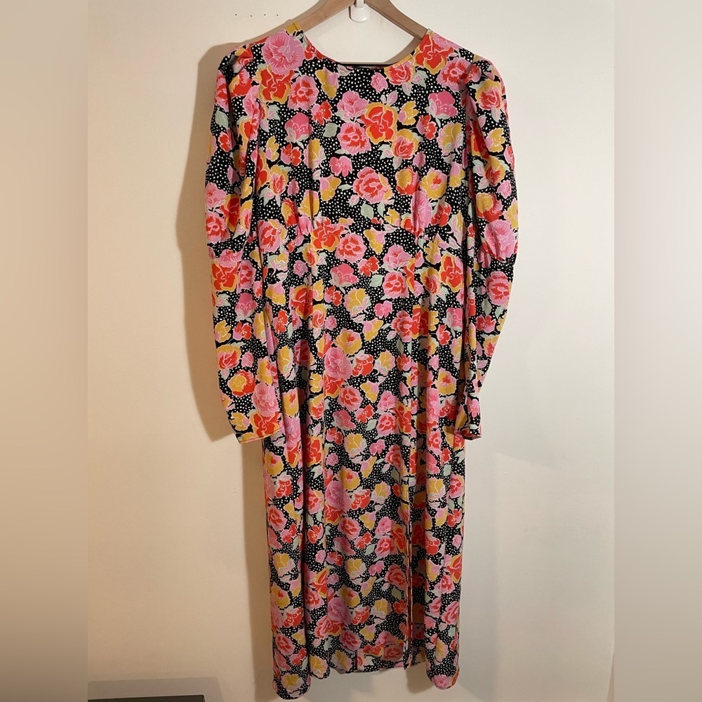 Topshop Maxi Dress Long Sleeve Floral Open Back Slit Front Empire Waist Size 14